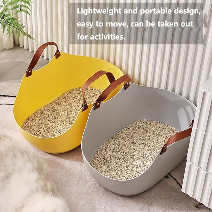 Open Cat Litter Box, Large Nonstick Litter Pan Durable Standard Litter Box,Silicone cat Toilet,Small & Large Cats Easy to Clean (Yellow+Gray)