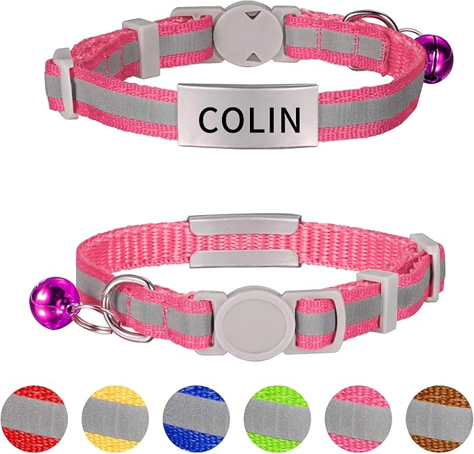 LaReine Reflective Cat Collars Breakaway with Bell and ID Tag - with Personalization Options (7"-10" Neck, Reflective-Pink)