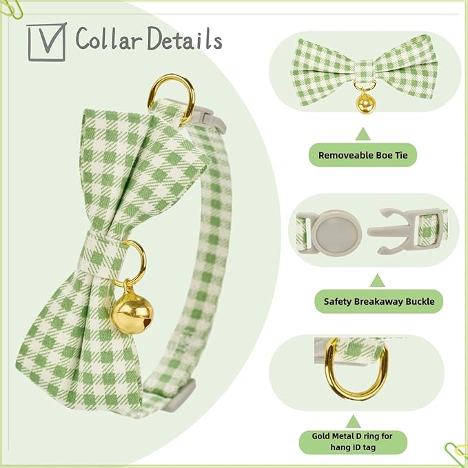 2 Pack Cute Cat Collar with Bow Tie & Bell, Adjustable Green Floral/Gingham Check Kitten Collars with Safety Breakaway Buckle for Cats & Small Dogs(GN Fl+Plaid)