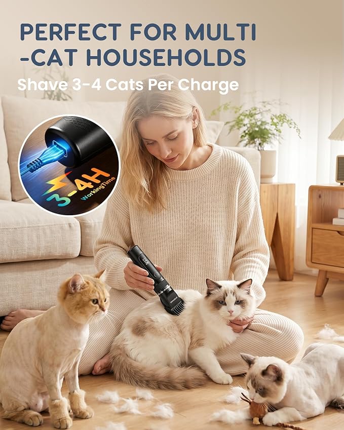 Cat Clippers for Matted Long Hair, Quiet Cat Grooming Kit 2-Speed Cordless Rechargeable Shaver HairTrimmer, Pet Clippers for Small,Large Dogs & Animals (Black)