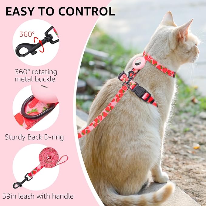 SCENEREAL Adjustable Cat Harness and Leash Set with AirTag Holder, Escape-Proof Design for Small to Large Cats, Lightweight Soft Travel Harness, Pink Strawberry