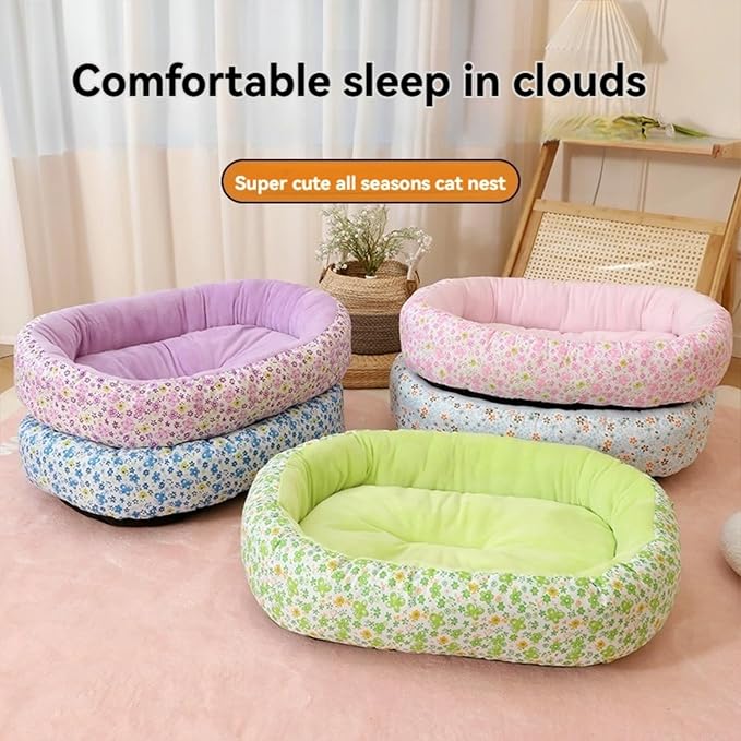 Floral Print Cat Beds for Indoor Cats Cozy Plush Fabric, Supportive Raised Sides, Non-Slip Bottom Washable Mat for Small Medium Pet Puppy Dog (Pink,Small)