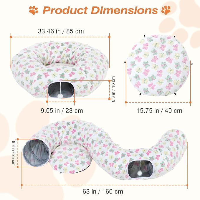 Cat Tunnels for Indoor Cats, 35'' Plush Cat Tunnel Bed with Playful Ball and Circle Cushion, Multifunctional Peekaboo Cat Cave, Interactive Toy Gift for Cats, Kittens, Rabbits,WhiteButterfly