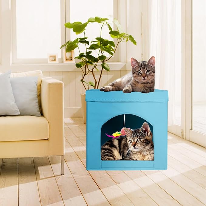 ShellKingdom Collapsible Cat House, Foldable Kitty Cat Cube and Cat Cave with Bed, Cat Stool Condo for Indoor Cats, 13 x 13 x 13 inches (Blue)