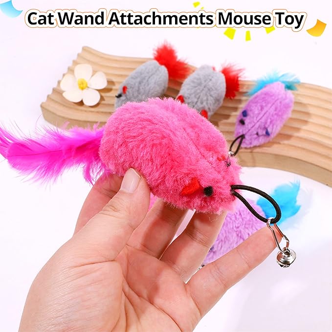 Cat Toy Refill, 2 Pack Mouse Toy with Feather Tail and Bell for Cat Wand Toy Accessories Cat Toy Attachments Replacements, 4.72” Realistic Size Mice Toy for Bored Indoor Adult Cat Self Play