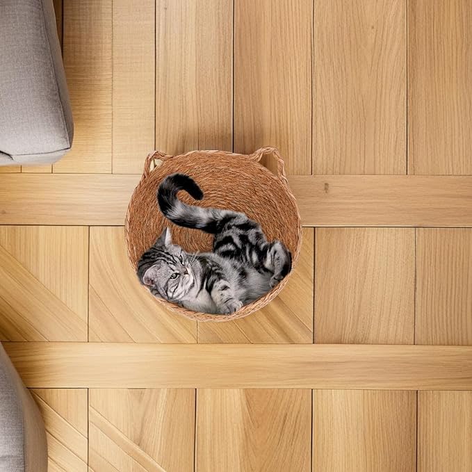 ORFOFE Small Pet Bed Woven Cat Nest with Straw Material Round Handwoven Cat Basket Bed for Indoor Use and Small Dogs Breathable