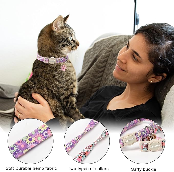 Cat Collar,2 Pack Cute Cat Collars Breakaway with Bell- Safety Buckle Flower Pink Rose Cat Collar for Girl Cats and Small Dogs，Adjustable 7-12 Inch,Pet Supplies Accessories