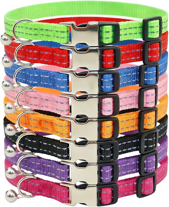 THAIN Cat Collars Reflective, 8 Colors Soft Adjustable Safety Kitten Collars with Bell, Lightweight Woven Polyester for Cats (No Breakaway)
