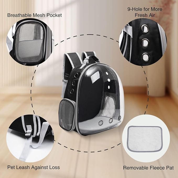 Vivicreate Large Cat Backpack Carrier with Folding Bowl and Teaser Stick for Cats up to 20lbs with Ventilation and Padded Straps Mochila para Gatos transportadora mascotas (Black)