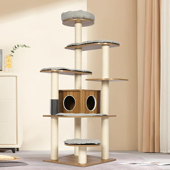 KAMABOKO Solid Wood Cat Tree, 69” Large Tall Cat Tower Multi-Level Platforms with Sisal Scratching Posts, Cat Tree for Large Cats 20 lbs Heavy Duty, Cat Condo Furniture for Active Cats