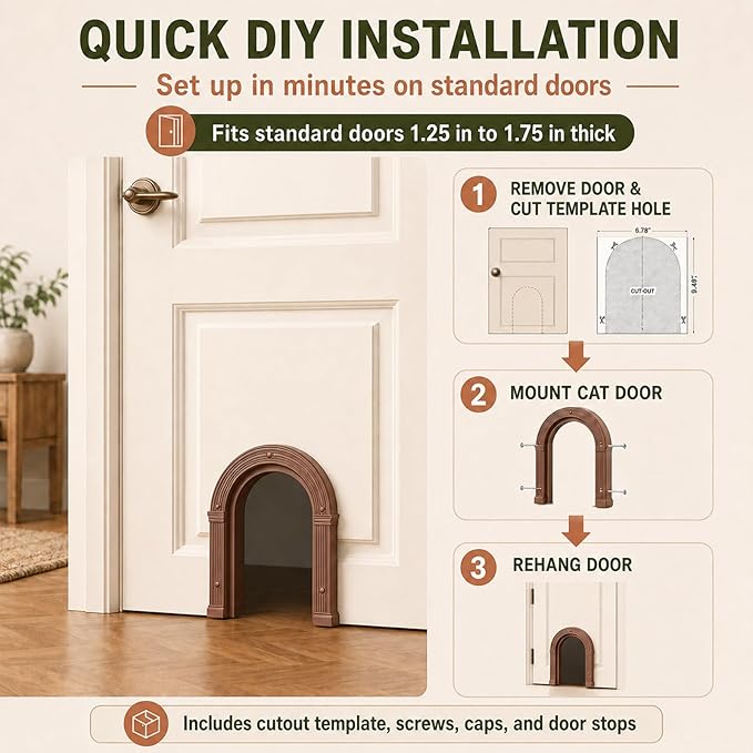 Cat Door for Interior Doors Large Cat Door - No-Flap, No Training Needed, Fits Cats Up to 25 lbs, Easy Installation, Installs in Minutes, Fits 1.25" to 1.75" Thick Solid & Hollow Doors Brown
