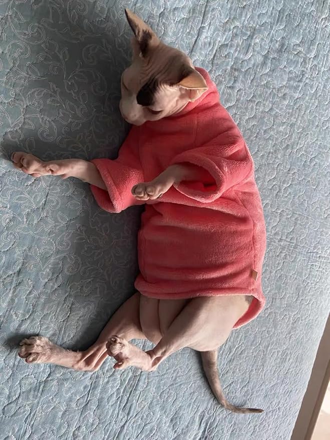 Sphynx Cat Clothes Winter Turtleneck Soft Coral Fleece Cat Clothes Thicken Warm Pajamas Coat for Hairless Cats and Small Cat Apparel with Sleeves (Rainbow Powder, L (6-9.3lbs)
