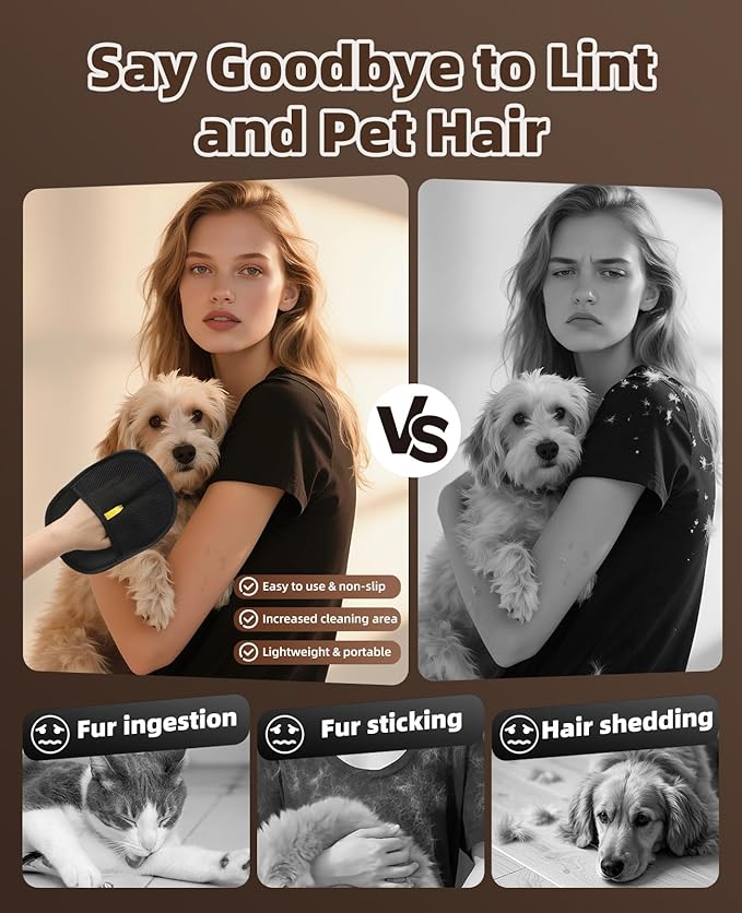 Dogs and Cats Hair Removal Gloves Tools,Pet Hair Grooming Brush Reusable with Electrostatic Tech, for Carpet, Couch, Furniture 3PCs/Pack