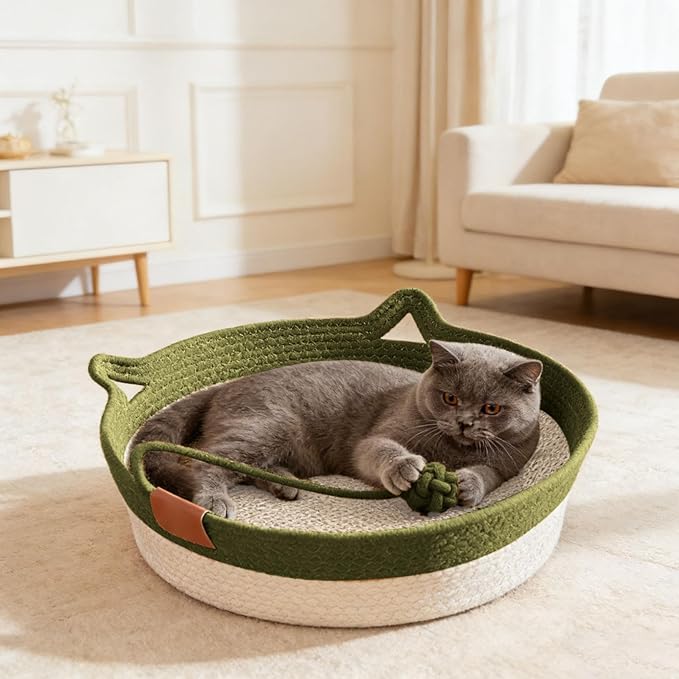 Instinct Basket for Cats - Handwoven Cotton Rope Enrichment Bed with Attached Toy Tail, Scratchable Interactive Pet Nest Features Flexible Walls to Fight Boredom & Protect Furniture (Green)