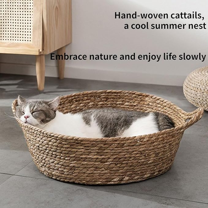 Cat Bed, Straw Woven Cat Baskets Bed, Round Wicker Cat Basket Nest, Non-Slip Cozy Kitten Bed for Cats Small Dog (Only Nest,Medium)