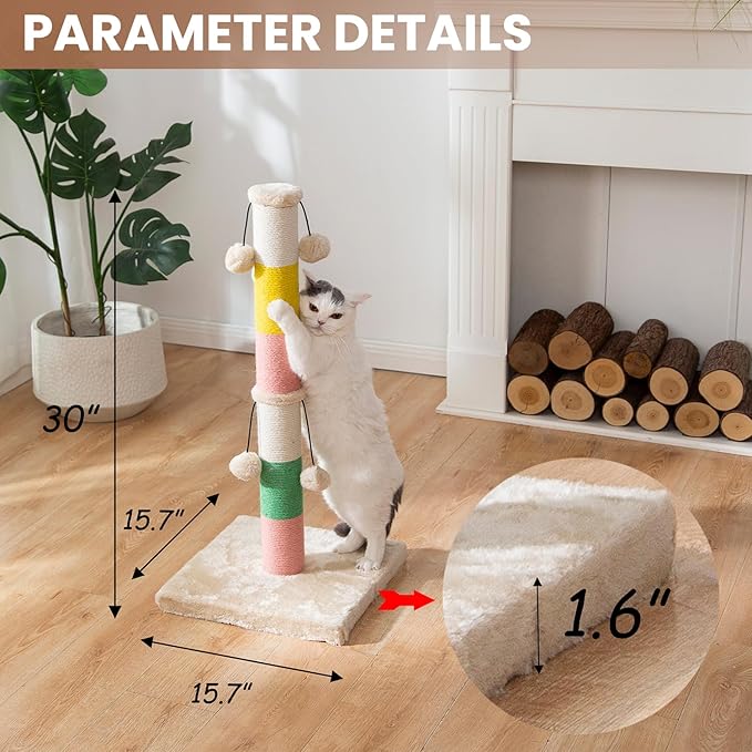 30 Inch High Cat Scratching Post with 4 Plush Teasing Toy Balls, Natural Sisal Rope Post and Thickened Base, Red Green Yellow White