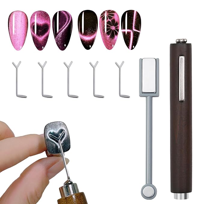 WOKOTO 2 PCS Cat Eye Magnets For Nails Set With 5 Pcs Iron Y-Shape Heart Cat Eye Designs Nail Magnet Tools, 3 In 1 & Double-Side Nail Magnets For Nail Art Magnet, Flower Heart Magnet For Nails