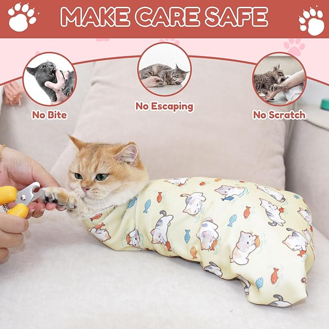 33.5" Cat Grooming Wrap,cat wrap for Cutting Nails,Self-Adhesive cat Swaddle wrap cat Restraint cat wrap Blanket for Medicine, Nail Clipping, Teeth Brushing,Pink Kitten(Within 22lbs)