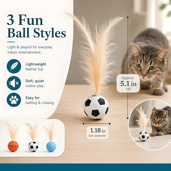 Bouncy Cat Feather Ball Toys – 6 Pack Interactive Silicone Bouncing Balls for Indoor Cats & Kittens, Durable Active Play Toy