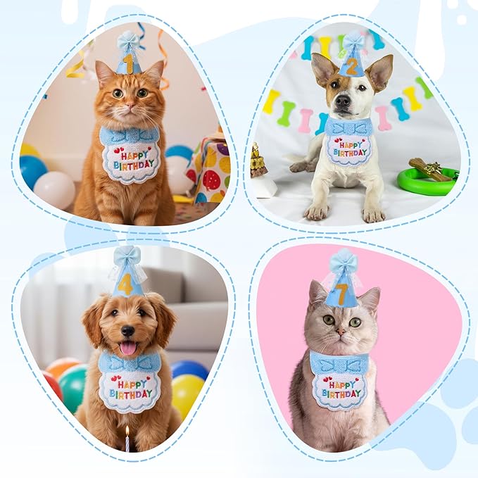 Blue Cat Birthday Hat, Cats Party Bandana Hat Numbers for Pet Birthdays Decorations