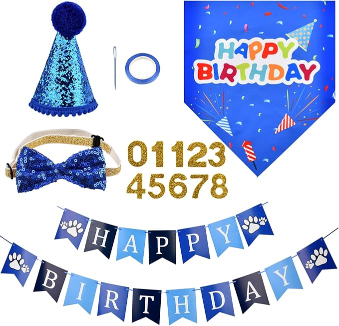 Cat Birthday Party Supplies, Adjustable Cat Birthday Hat with Numbers, Bandana, Bow Tie, Banner for Cat Kittens Decorations, Fun Pet Celebration Kit(Color:Blue)