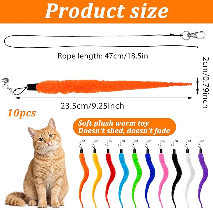 10 Pack Fuzzy Worm Cat Toy, Cat Worm Toy with Bell, Interactive Cats Wand Attachment Toys for Teaser Play and Chase Exercise with Kitten