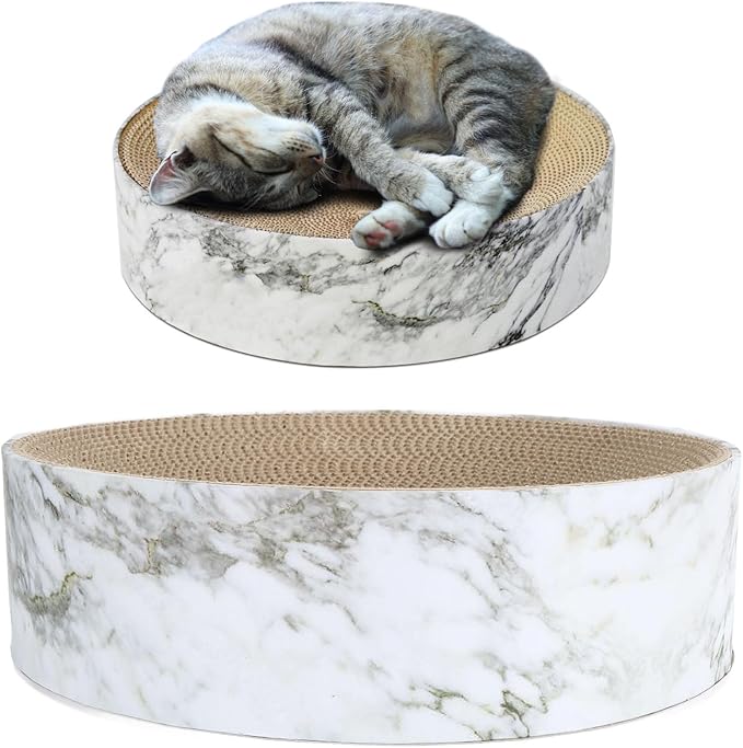 Round Cat Scratcher Bed, Corrugated Cardboard Scratching Pad Bowl for Medium Large Cats, Marbling Design Furniture Protector