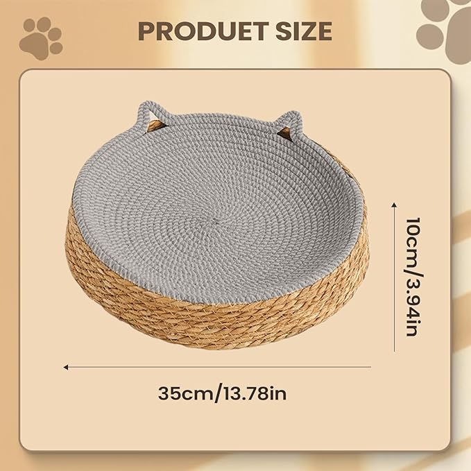 Woven Cat Scratch Bowl - Cotton Rope Round Cat Bed, Kitten Ear Design Scratching Board, Durable Claw Grinding Lounge Toy,
