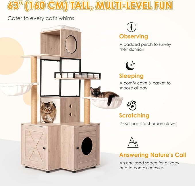Modern Cat Tree Condo Tower Cat House Washroom Furniture Litter Box Enclosure with Scratching Posts, Hammocks, Removable Washable Cushion & Toy Hanger, White+Gray(25.60" Lx25.60 Wx63.00 H)