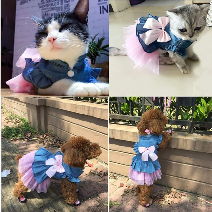 ANIAC Pet Denim Dress with Cute Bow-Knot Comfy Vest Skirt Lace Trim Tutu Summer Spring Clothes for Cats and Small Dogs (Large)