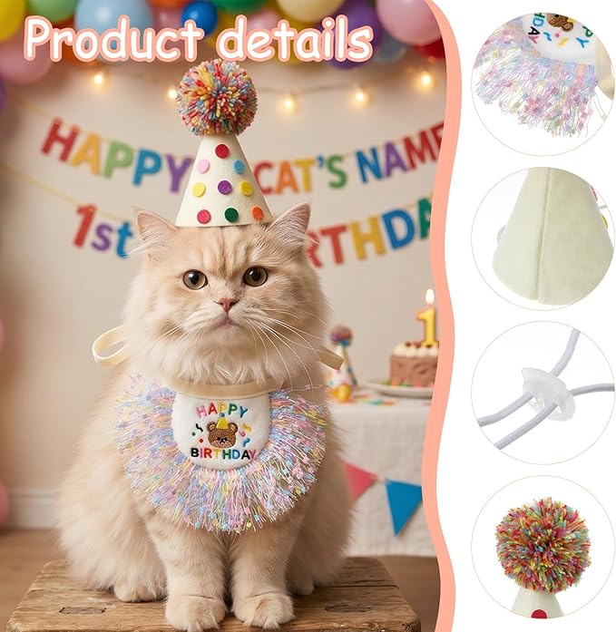 Xinjoduz Cat Birthday Hat and Bandana Scarf, Cat Birthday Outfit Party Hat Dog Costumes Cute Lace Puppy Tassels Bib Scarf Party Decorations Set for Small Medium Cats & Doggy