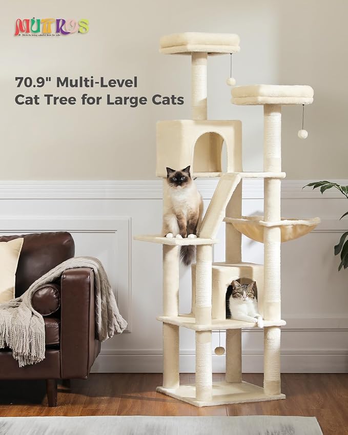 MUTTROS Tall Cat Tree 70.9", Large Cat Tower for Indoor Cats, Multi-Level Plush Cat Condo with 6 Scratching Posts, 2 Scratching Boards, 2 Perches, 2 Caves, Hammock, 2 Pompoms, Beige