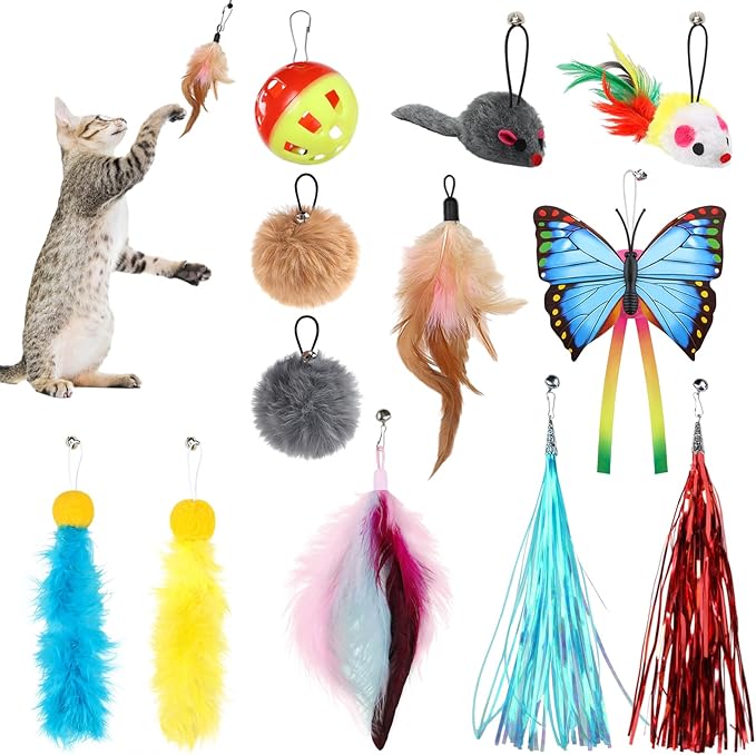 QUOZUO Cat Toys Replacement Cat Toy Wand Refills, 12 Pcs Cat Feathers Refill, Cat Toy Mouse Cat Wand Refill Attachments for Indoor Cats