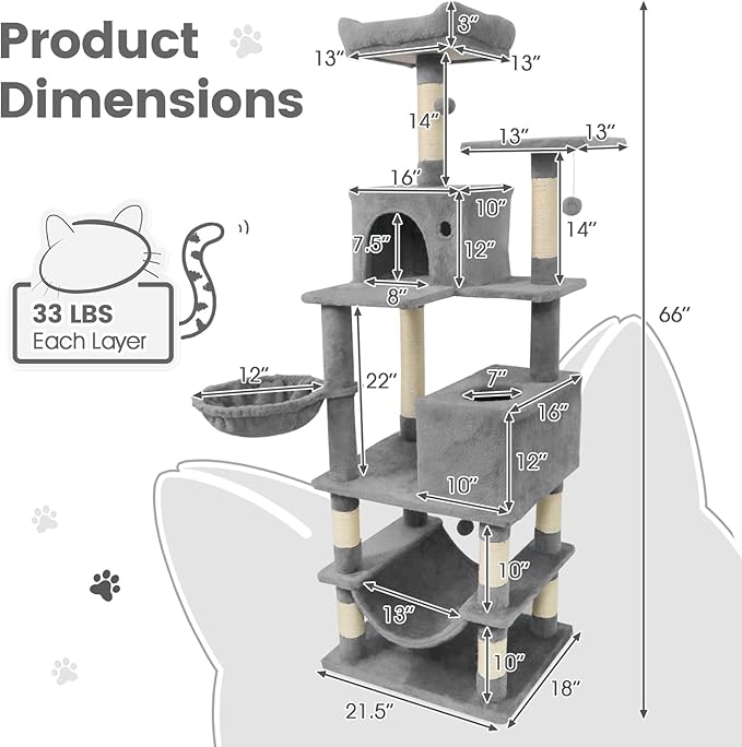 Tangkula 66 Inch Tall Cat Tree, Multi-Level Cat Tower with Sisal Scratching Posts, 2 Condos, Plush Perch, Hammock, Basket, Dangling Toys, Cat Climbing Furniture for Indoor Cats (Light Gray)