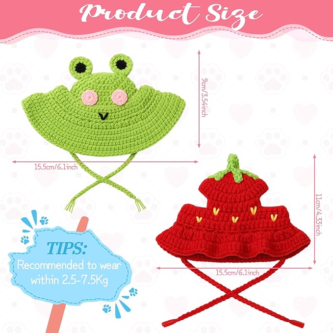 Cat Hats for Cats Only Cute Knit Cat Hat Strawberry Hat with Adjustable Cord Handmade Crochet Cats Clothes Soft Cute Knitted Hats Christmas Party Costume Accessory for Puppy Kitten (Red, Green)