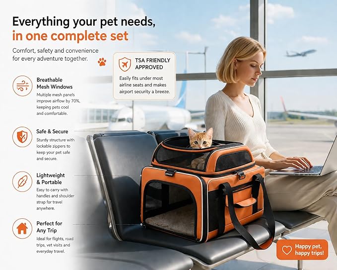 Cat Carrier Dog Carrier Airline Approved, Pet Carrier for 2 Cats Small Medium Dogs, Soft Cat Carrier 18x15x15 with Foldable Bowl & Washable Pad, TSA Approved Dog Carriers by Luniko Shop (Orange)