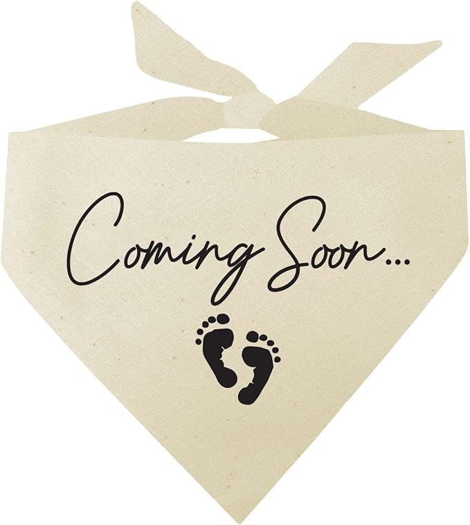 Coming Soon Baby Dog Bandana | 100% Unbleached Cotton Triangle | Pregnancy Announcement Photoshoot Prop Made in USA| Natural One Size (769)