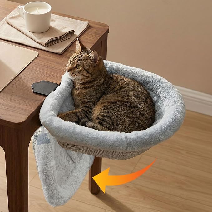 Cat Desk Bed - One-Click Folding Space-Saving Design, Cat Bed for Desk with Soft Faux Rabbit Fur Cover & Breathable Mesh Fabric, Cat Hammock Supports up to 66 lbs, Remote Workers Home Gaming