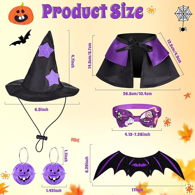 6 Pcs Cat Halloween Costume Set - Wizard Clothes, Cloak, Wings, Adjustable Hats, Bow Ties, Neckties, and Ornament Bells