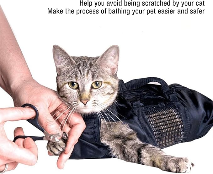 Fockety Cat Grooming Bag, Oxford Cloth Pet Bathing Restraint Bag with Front & Rear Zippers, Handles & Hanging Hook, 46x24cm Cat Restraint Bag for Bathing, Nail Trimming, Injections