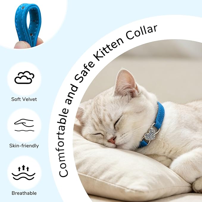 BINGPET Diamond Cat Collar,Adjustable Soft Velvet Leather Safe Kitten Collar with Crystal Heart Charm and Bells,Girl Boy Bling Stylish Cat Collars with Safety Elastic (Blue, Neck Girth 8"-10")