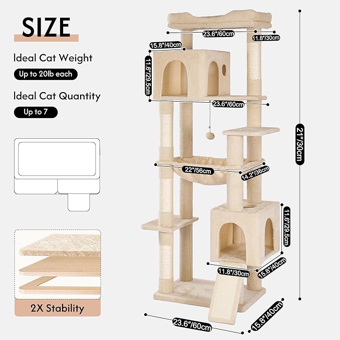 XXL Large Cat Tree Tower 70in Tall Heavy Duty Cat Tree for Maine Coon and Big Cats 20 lbs+,Enlarge Top Bed and Hammock, 2 Oversized Condo House with Scratching Posts-Beige