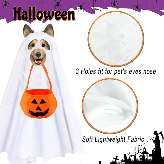 Dog Ghost Halloween Costume 2PCS Funny Ghost Face Cape Pumpkin Bucket White Ghost Poncho for Large Dogs Trick or Treat Bags Spooky Outfit Cosplay Ghost Clothes (Medium)