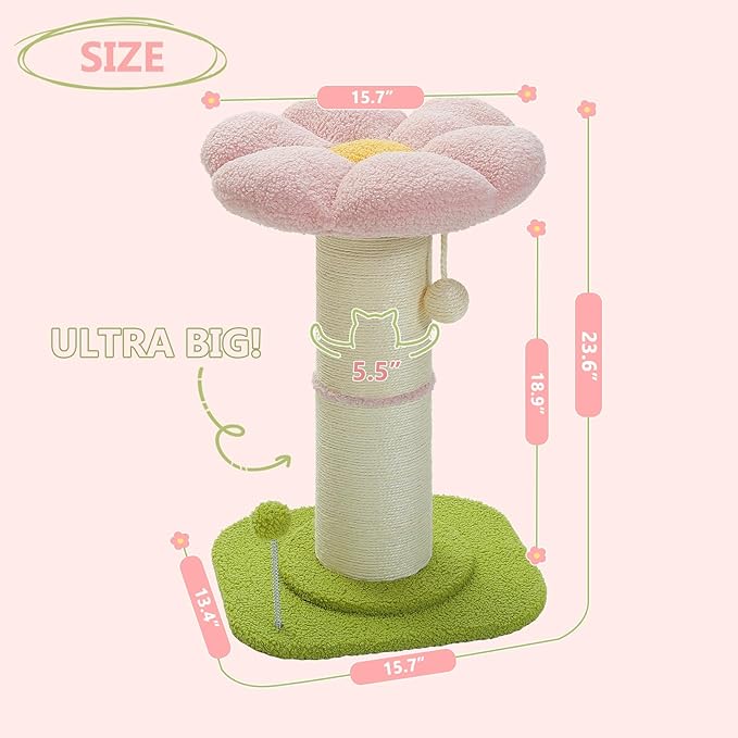 PEQULTI Flower Cat Scratching Post, Small Cat Tree, Scratcher for Indoor Cats with Super Thick Scratching Post [Dia=5.5''], Removable Flower Bed, Cat Scratch Post with Spring Ball, Pink