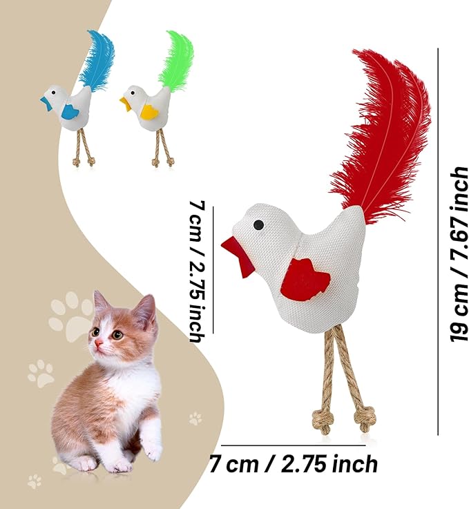 Andiker 3 PCs Catnip Toys with Bell and Feather, Canvas Cat Kicker Toy Chicken Shape Interactive Cat Toys for Indoor Cats to Relieve Boredom and Increase Exercise