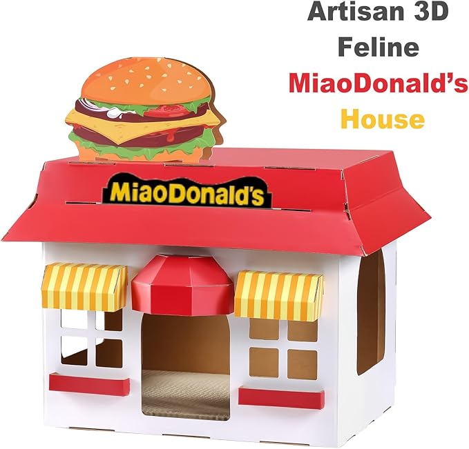 Cardboard Cat House with Scratcher – Burger Fast-Food Style, 19''L x12''W x18''H, Indoor Cat Playhouse & Hideout, Corrugated Cat Scratch Toy for Cats up to 22 lbs, Small Pets, Cute Home Decor Gift