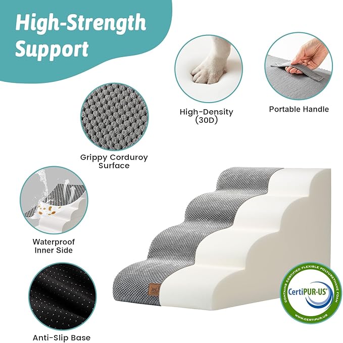 COZY KISS Dog Stairs for Small Dogs 15.7" H, 4-Step Sturdy Foam Dog Steps for Couch and Bed, Curved Pet Stairs for Puppy and Older Cat, Doggie Ladder with Washable Cover, 15.7x28.3x15.7 inch, Gray