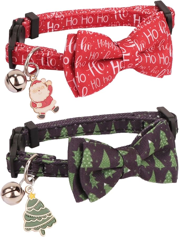 PTDECOR Christmas Cat Collars with Bow Tie Bell, 2 Pack Breakaway Kitten Collar with Removable Bowtie Christmas Tree Hoho Collar for Cats Kittens