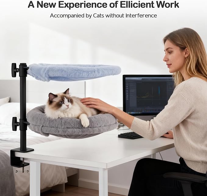 Odoland 2 in 1 Cat Desk Bed - Cat Hammock for Home Workers - 360 Rotating Adjustable Heigh Desktop Perch Clamp with Replace Mattress - Max Weight 80LBS for Kitten Adult Cats Small Pet