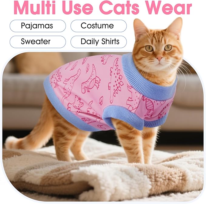 DENTRUN Sleeveless Cat Vest with Dinosaur Print, Breathable Ultra-Soft Dralon Fleece Cat Sweater, All-Season Pet Costume Apparel for Cats, Kitten Clothing for Indoor/Outdoor, Pink, XXL